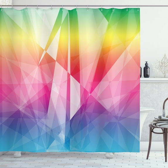 Glitch Shower Curtain, Geometric Lines Mosaic Rainbow Abstract Shape, Fabric Bathroom Set with Hooks, 69W X 75L Inches Long, Apple Green Dark Ceil Blue Deep Sky Blue Mustard, by Ambesonne