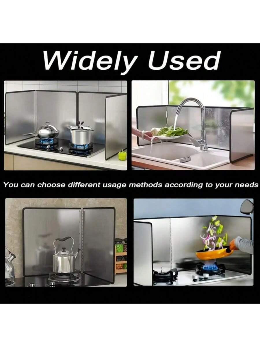 Stainless Steel Splash Guard for Stove Top Grease Shield, Foldable 2-Sided Oil Splatter Guard with Cooking Apron, Heat Resistant Oven & Induction Cooktop Shield