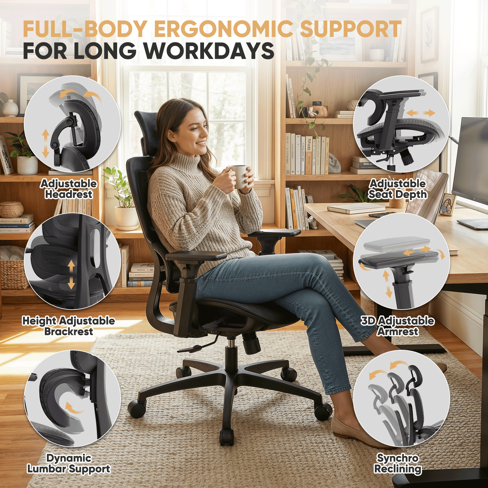 Magshion 1pc Ergonomic Office Chair with Adjustable Lumbar Support, 3D Armrests, 145° Recline & Headrest, High Back Desk Chair
