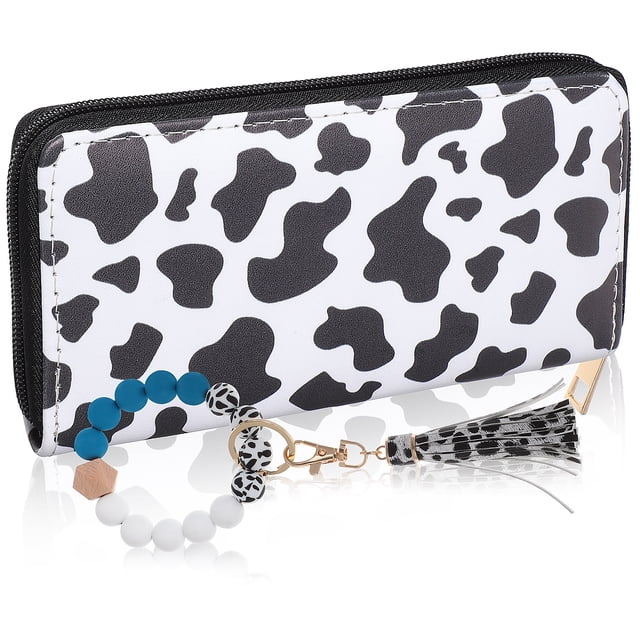 Cartera con estampado de vaca, de piel sintética, moderna, con estampado de vaca, para dinero en efectivo, tarjetero y brazalete con borlas de cuentas, llavero.