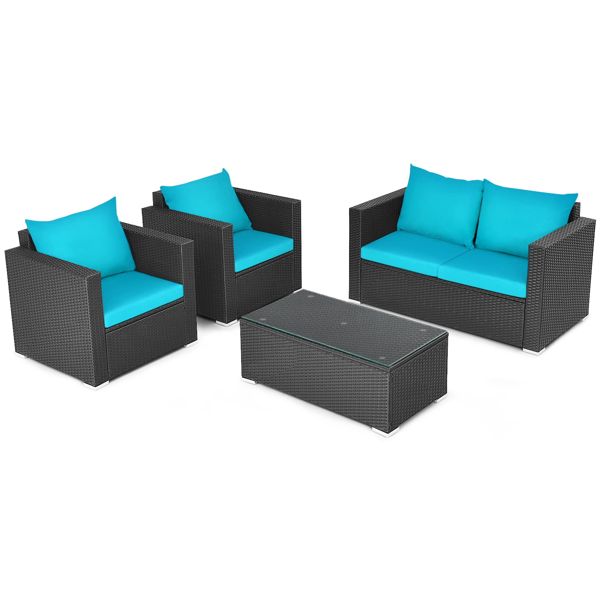 Gymax Fashion 4PC Rattan Patio Furniture Set Outdoor Wicker With Turquoise Cushion