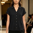 thumbnail image 3 of Stamzod Womens Short Sleeve Shirts V Neck Collared Button Up Shirt Tops with Pockets Oversize Dressy Casual Women Shirts Black-4 L, 3 of 7