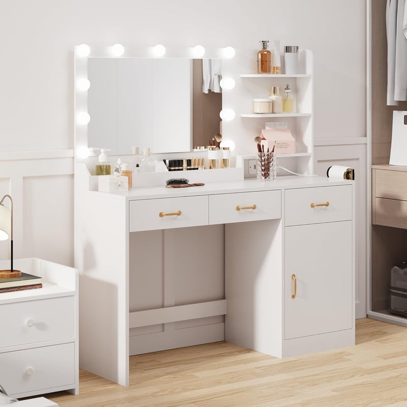 TROPOW Vanity Desk with Mirror, LED Lights and Power Outlet Makeup Table with 3 Drawers and Storage Shelves Dressing Table for Bedroom Dressing Room, White