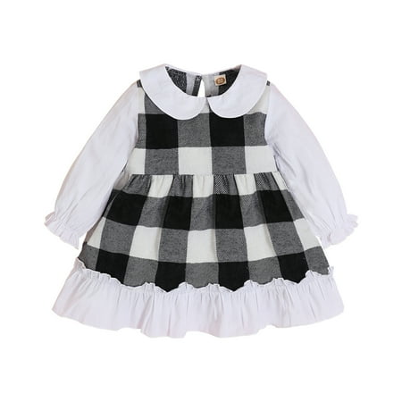 

KIMI BEAR Infant Girls Dress 12 Months Infant Girls Autumn Winter Dress 18 Months Infant Girls Cute Doll Collar Checked Long Sleeve Dress Black White
