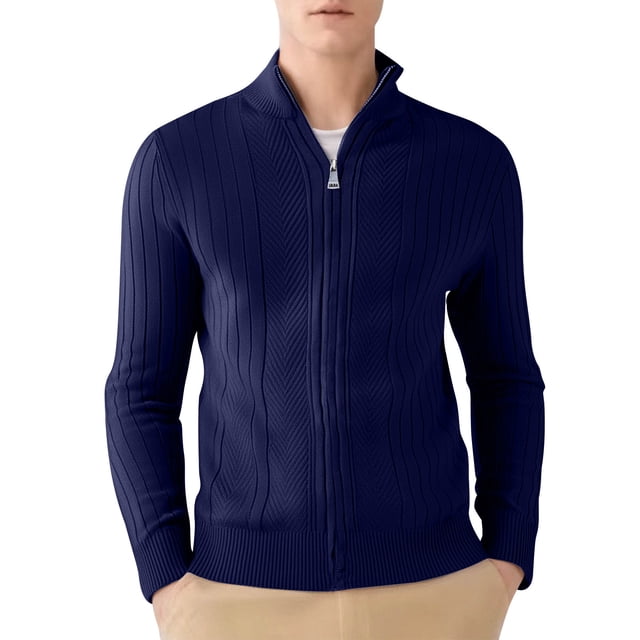 ShomPort Cardigans for Mens Cable Knitted Stand Collared Full Zipper Long Sleeve Ribbed Cuff Sweater Solid Color Warm Outwear