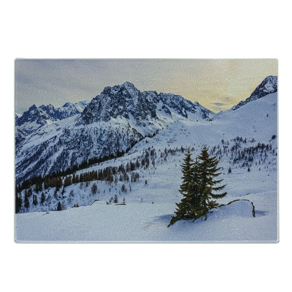 Mountain Cutting Board, Landscape of Snowy Mountain at Sunset Pine Trees Tranquility in Winter Theme, Decorative Tempered Glass Cutting and Serving Board, Small Size, White Green, by Ambesonne