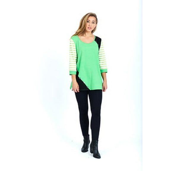 Womens Tunic Tops 3/4 Striped Sleeves Round Neck Loose Fit Shirts with Decorative Buttons