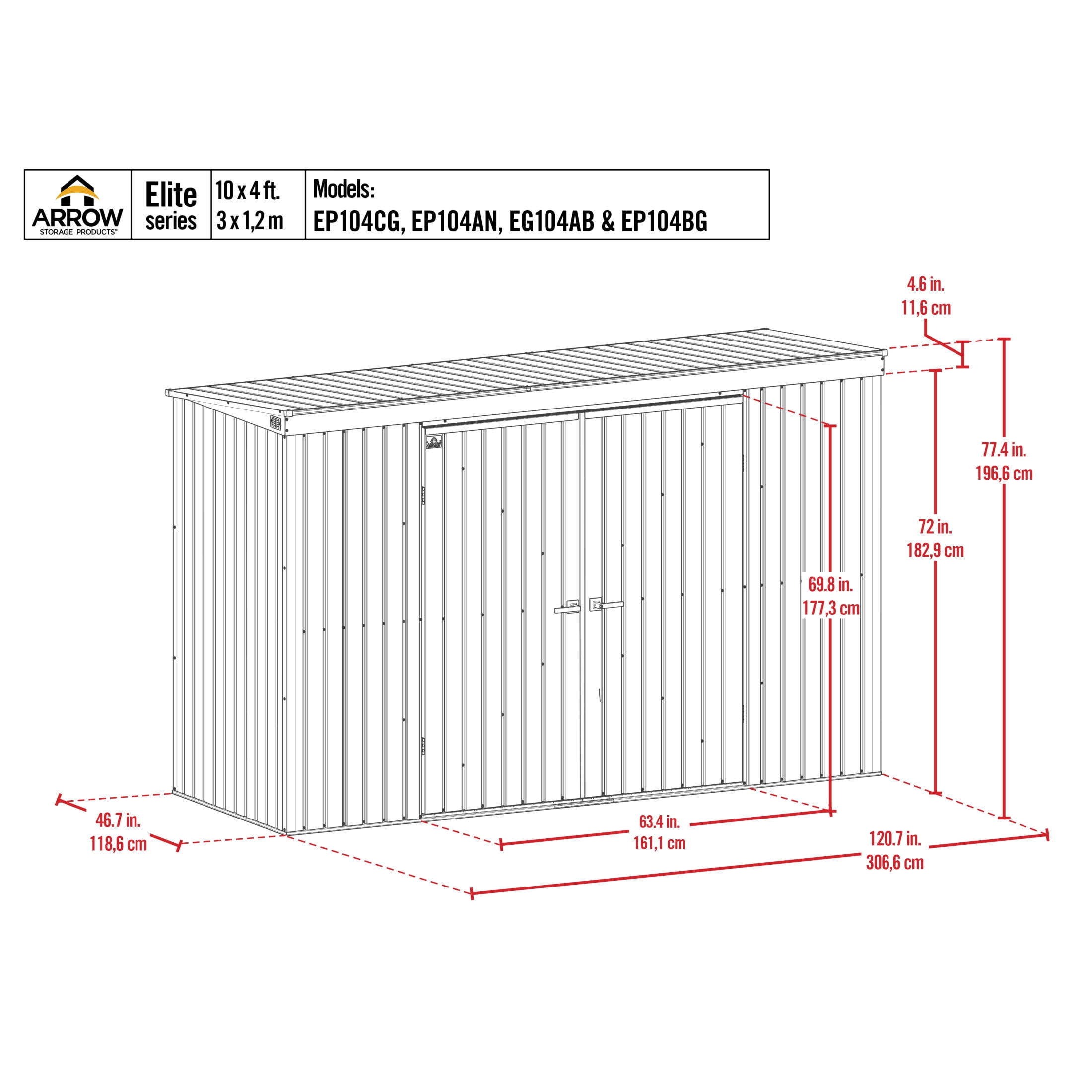 Arrow Elite 10 x 4 x 6 ft Anthracite Steel Storage Shed