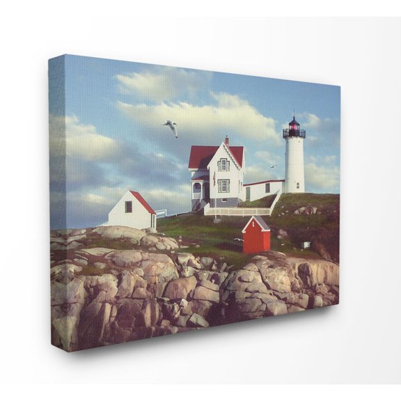 The Stupell Home Decor Collection Nubble Break Water Rocks White Lighthouse with Seagull Canvas Wall Art
