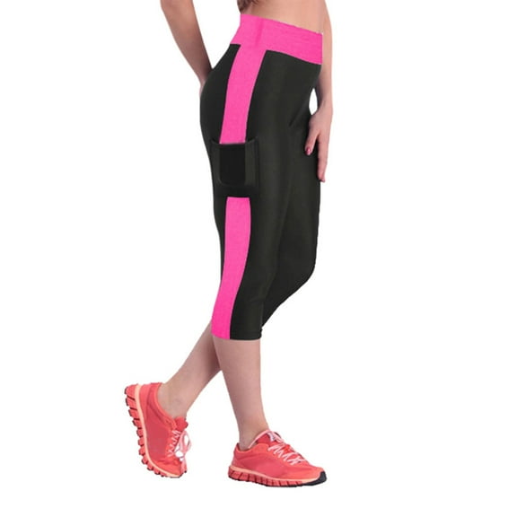Women Leggings Tummy Control High Waist Pockets Capris Color Block Sport Yoga Pants Women,Hot Pink,M