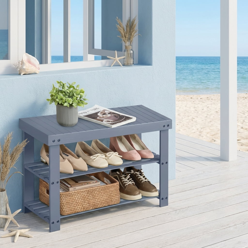 3-Tier Shoe Rack Bench, Hallway Bamboo Organizer, Home Storage Shelf with Holds 286 lb, Gray