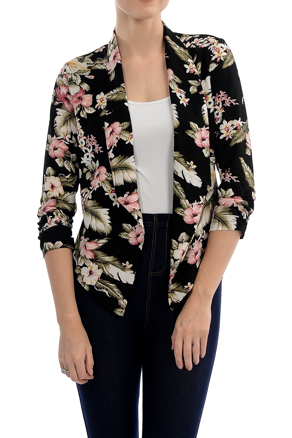 Auliné Collection Womens Casual Lightweight 3/4 Sleeve Fitted Open Blazer