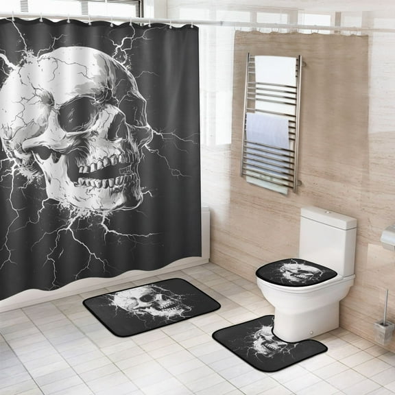 Ryvnso 4 Pcs Skull Bathroom Shower Curtain Set with 12 Hooks Bath Mat Toilet Lid Cover