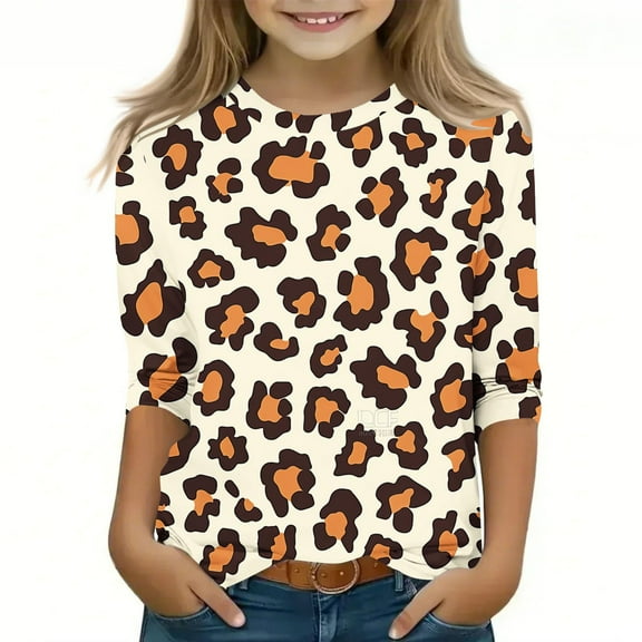 CLOISE Boys White T Shirt 3/4 Sleeve Girls Youth Crew Neck Tops Leopard Print Casual Fashion Fall Winter Clothes Brown 3-12T