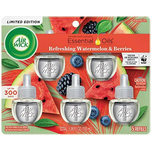 Air Wick Plug in Scented Oil Refill, 5 ct, Fresh Watermelon & Berries, Air Freshener, Essential Oils, Spring Collection