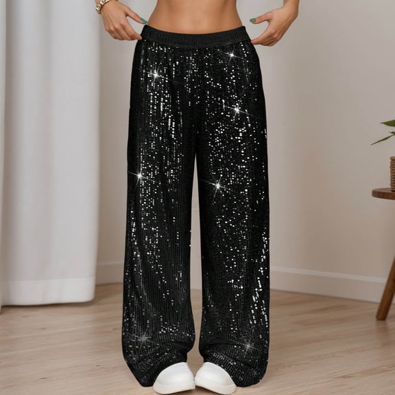 Women's Sequin Sparkle Pants Elastic Waist Wide Leg Trousers (Black XXL)