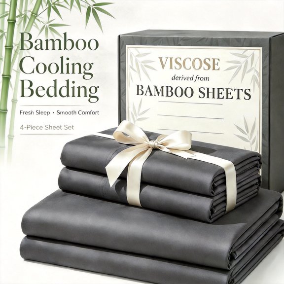 Extra Deep Pocket Bamboo Fiber Bed Sheet Set-Dark Gray Twin, 3/4pcs Breathable & Cooling Bamboo Bed Sheet Set, Extra Deep Pocket 18 Inch Bed Sheet