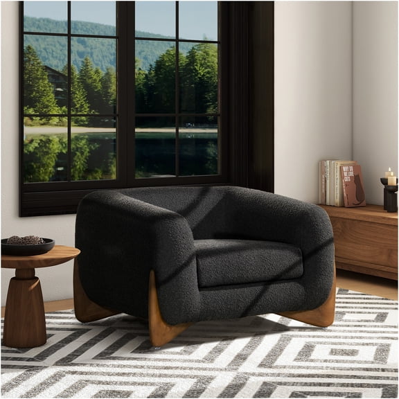 JERFIT Modern Accent Chair with Sherpa Boucle Upholstery and Oak Wood Legs for Living Room, Black