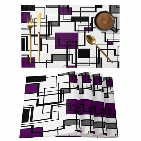 Purple Black Gray Placemats Set of 6 Abstract Geometric Stripes Squares Heat Insulation Washable Place Mats Rustic Non-Slip Table Mats for Dining Table Party Kitchen Decor 13x19 Inch