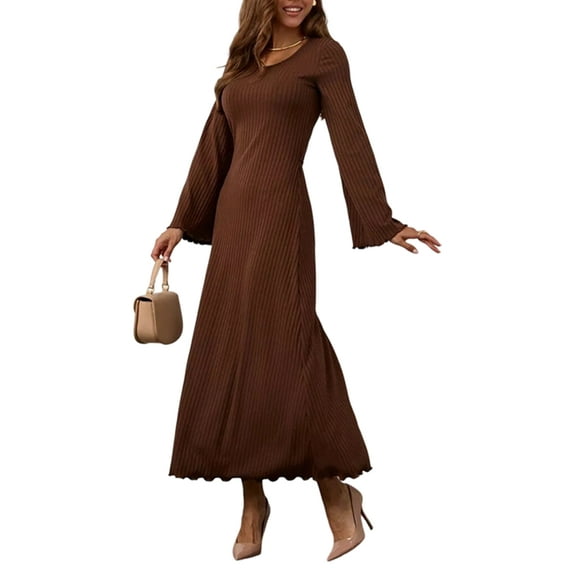 Womens Scoop Neck Lace Up Maxi Dress Knit Flare Sleeve Bodycon Dress Loose Casual Long Dresses Brown S