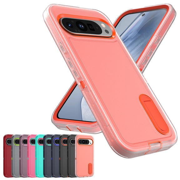 Decase 3-in-1 Shockproof Case for Google Pixel 9 / 9 Pro,3-Layer Heavy Duty Anti-Scratch Hard Case,Rugged Kickstand Cover,Clear Orange