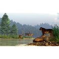 thumbnail image 2 of A saber-toothed cat looks across a river at a family of deer Poster Print, 2 of 2