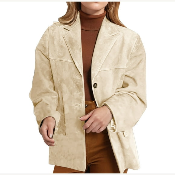 FAIWAD Blazers for Women Vintage Oversized Button Up Leather Jackets Trendy Long Sleeve Lapel Overcoat