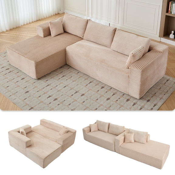 L-Shape Sectional Sofa Couch with Comfy Chaise,Modular Compression Sectional Couch with Deep Seat,Corduroy Sleeper Sofa Couches for Living Room Bedroom Apartment,Beige
