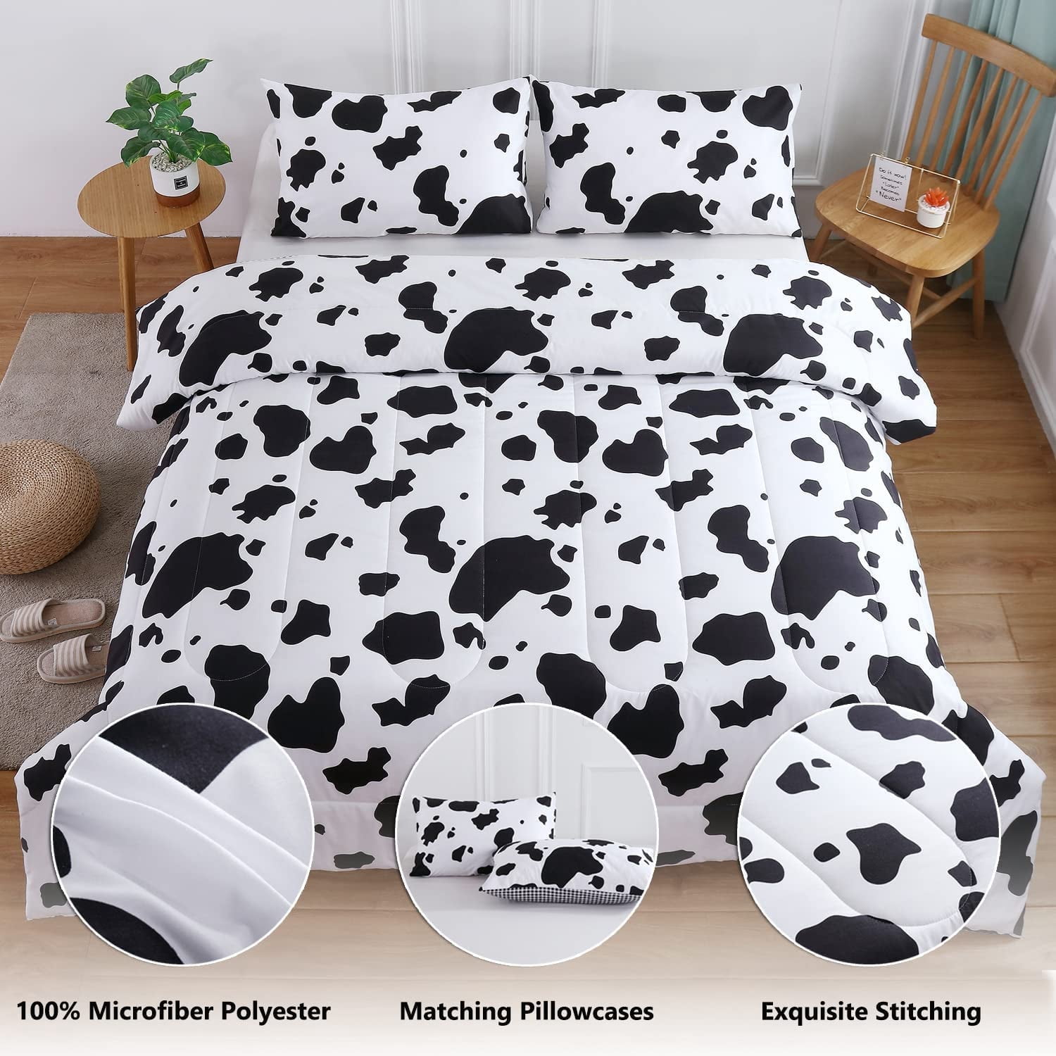 PERFEMET Kid Queen Comforter Set 3-Piece,Black White Cow Print Bedding Set for Girls Boys,Western Farmhouse Kids Comforter Set for All Season (1 Comforter,2 Pillowcases)
