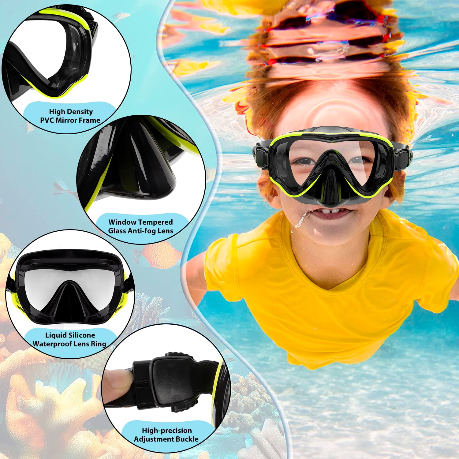 Kids Swim goggles,Diving Snorkel Mask with Nose Cover,Anti-fog Swimming Goggles for Boys Girls Youth 6-14