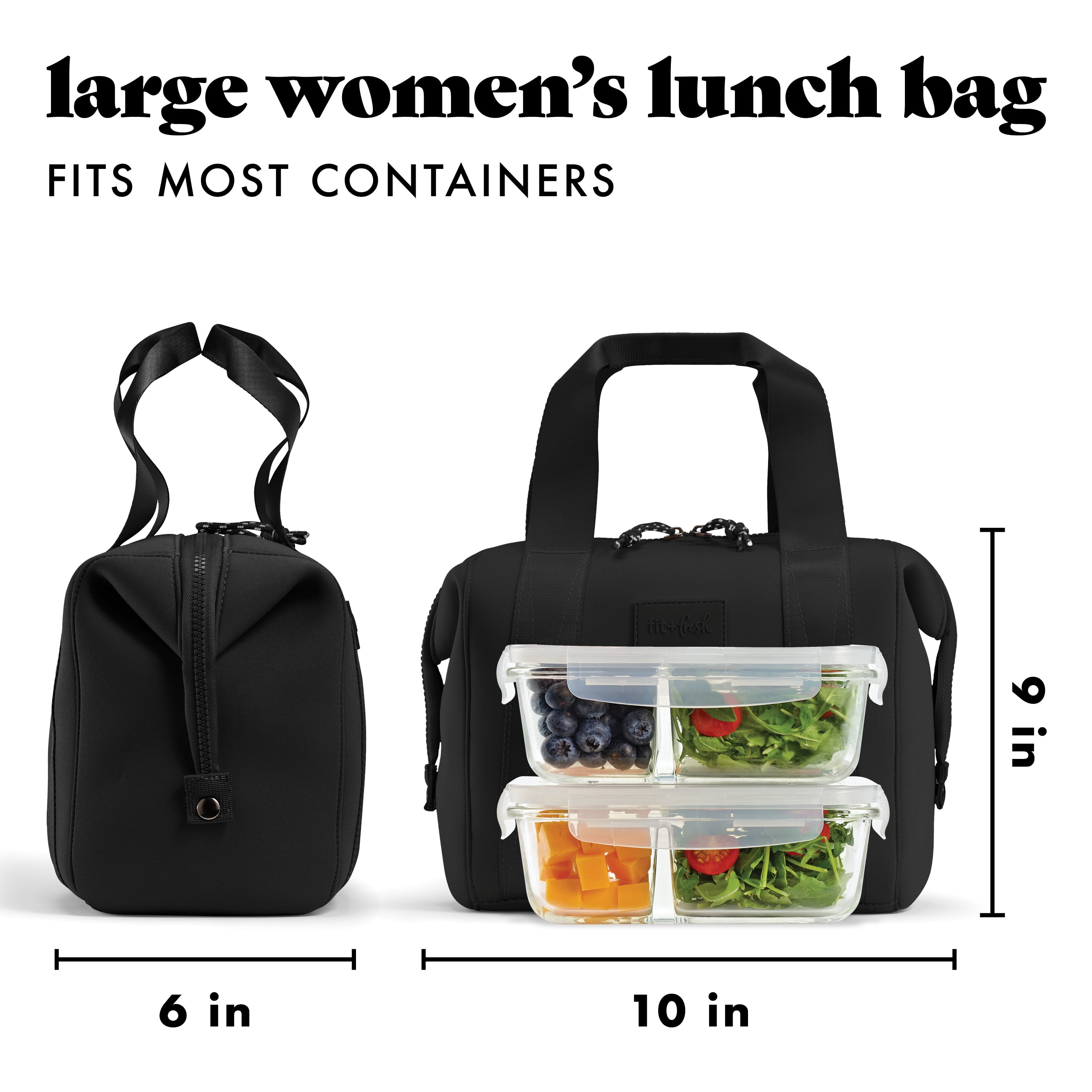 Fit & Fresh 4511CX3480 Women's Lunch Bag, Self Insulating Neoprene Material Lunch Box With Containers & Ice Pack, Black