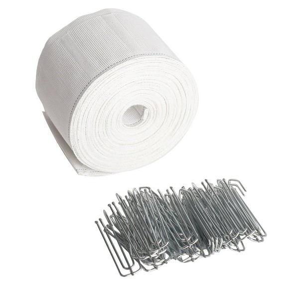 Curtain Pleat Tape, 10 Meters/10.9 Yards Pleater Tape for Curtains， 30 Pcs Stainless Steel 4 Prongs Curtain Pleater Hooks for DIY Pinch Pleat Curtain
