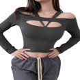 thumbnail image 2 of PENGXIANG Ladies Short Sleeve Crop Top  Solid Color Halter Neck Cutout Shirt, 2 of 4