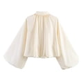 thumbnail image 3 of ZGRBOU Women's Cropped Puff Sleeve Bomber Jacket Collared Zip Front Coat Fasion Casual Lightweight Pleated Shirts, 3 of 5