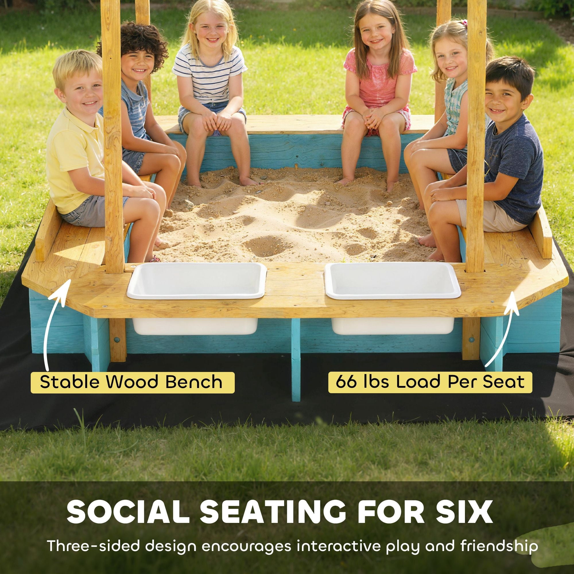 Wooden Kids Sandbox with Dinosaur Print Canopy, 3-Sided Bench Seats for 6 Children, Removable Storage Boxes Bottom Liner Fir Wood Outdoor Sand Play Pit for Backyard Ages 3-6 Blue