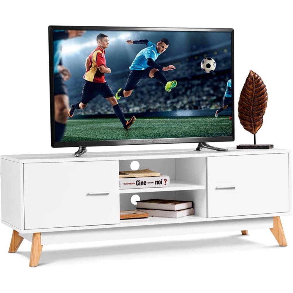 Finihen TV Stand, TV Cabinet, Wooden TV Stand with 2 Storage Cabinets and 2 Open Shelves for 60 Inch TV, for Living Room, Bedroom, White