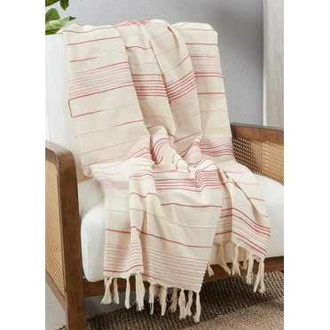 Fennco Styles Textured Stripe Cotton Throw Blanket with Tassel 50" W x 60" L – Red Woven Line Blanket for Couch, Bedroom and Living Room Décor