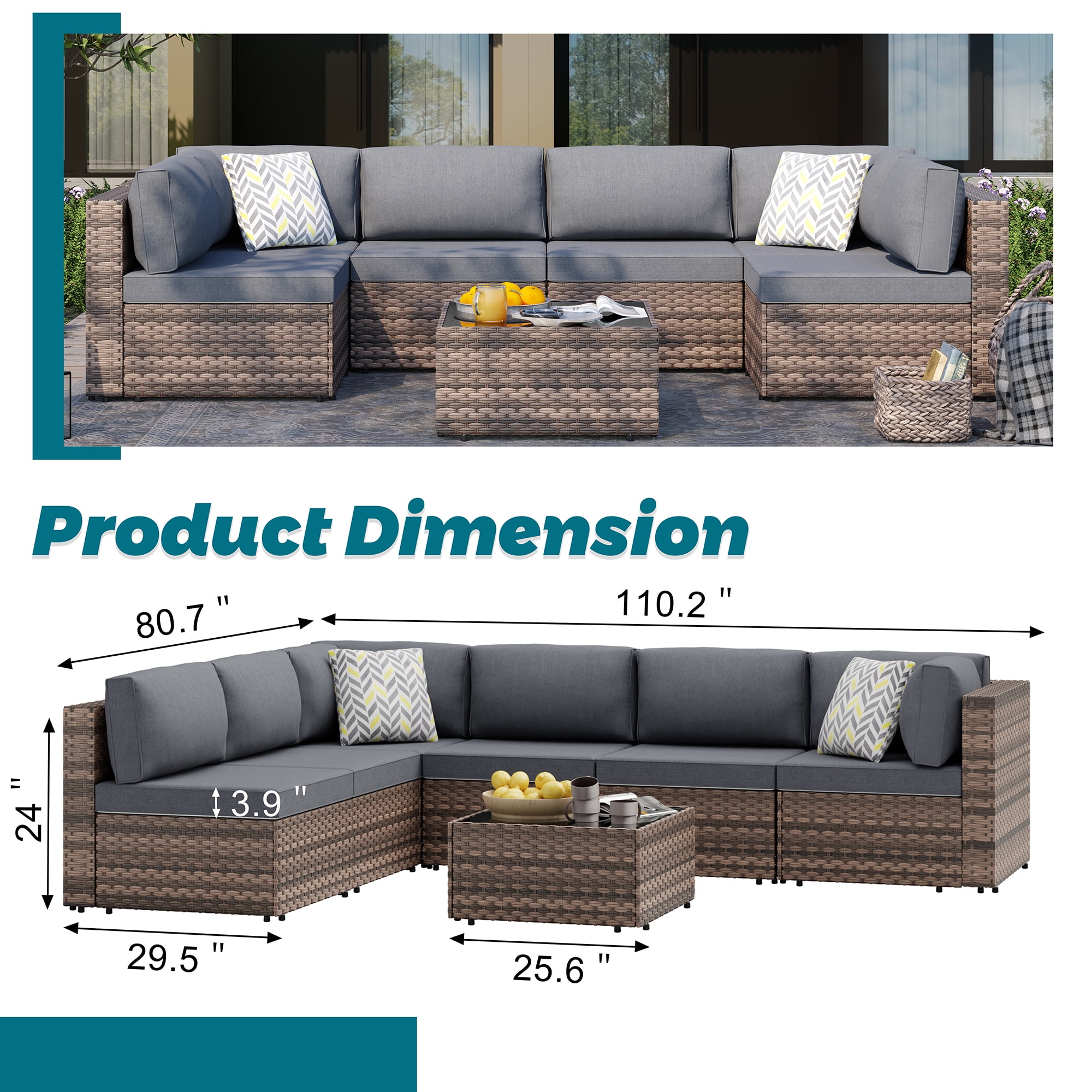 Walsunny 7 Pieces Patio Conversation Set, All-Weather Rattan Wicker Patio Furniture Sets with 6 Chairs and 1 Coffee Table, Washable Couch Cushions,Brown Rattan Gray Cushions