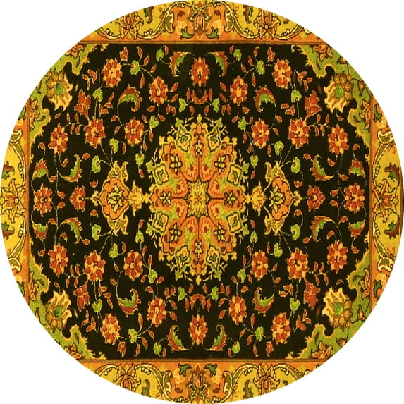 Ahgly Company Machine Washable Indoor Round Medallion Yellow Traditional Area Rugs, 4' Round
