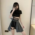 thumbnail image 3 of Women's patchwork black shorts, asymmetrical high-waist pleated mini sexy skirt, punk goth style plaid irregular skirt for women-3-L, 3 of 7