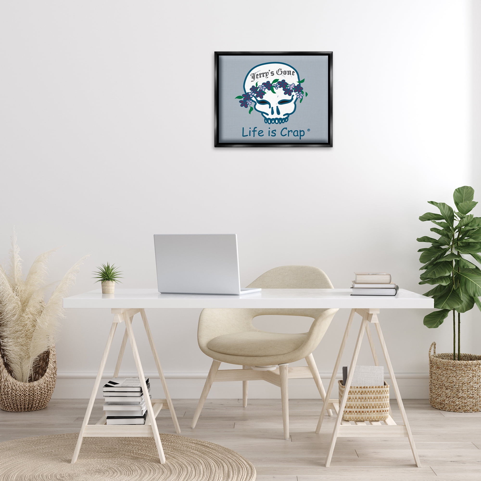 Stupell Industries Jerry's Gone Skull Novelty & Humor Painting Black Floater Framed Canvas Art Print Wall Art, 21 x 17