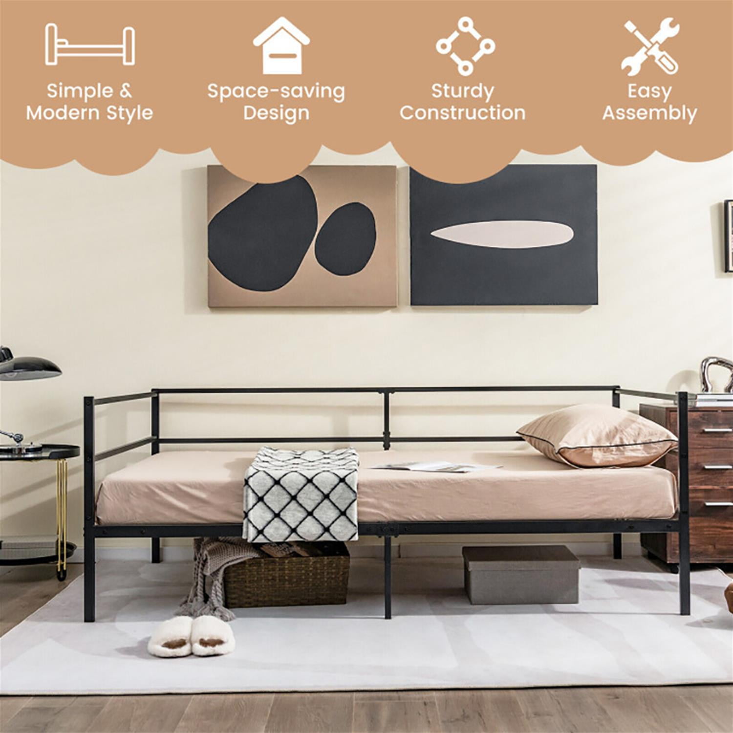Demi Bonn Twin Size Metal Daybed Frame with Metal Slat Support and 3-Sided Guardrails, Modern Bed Frame for Teens, Black
