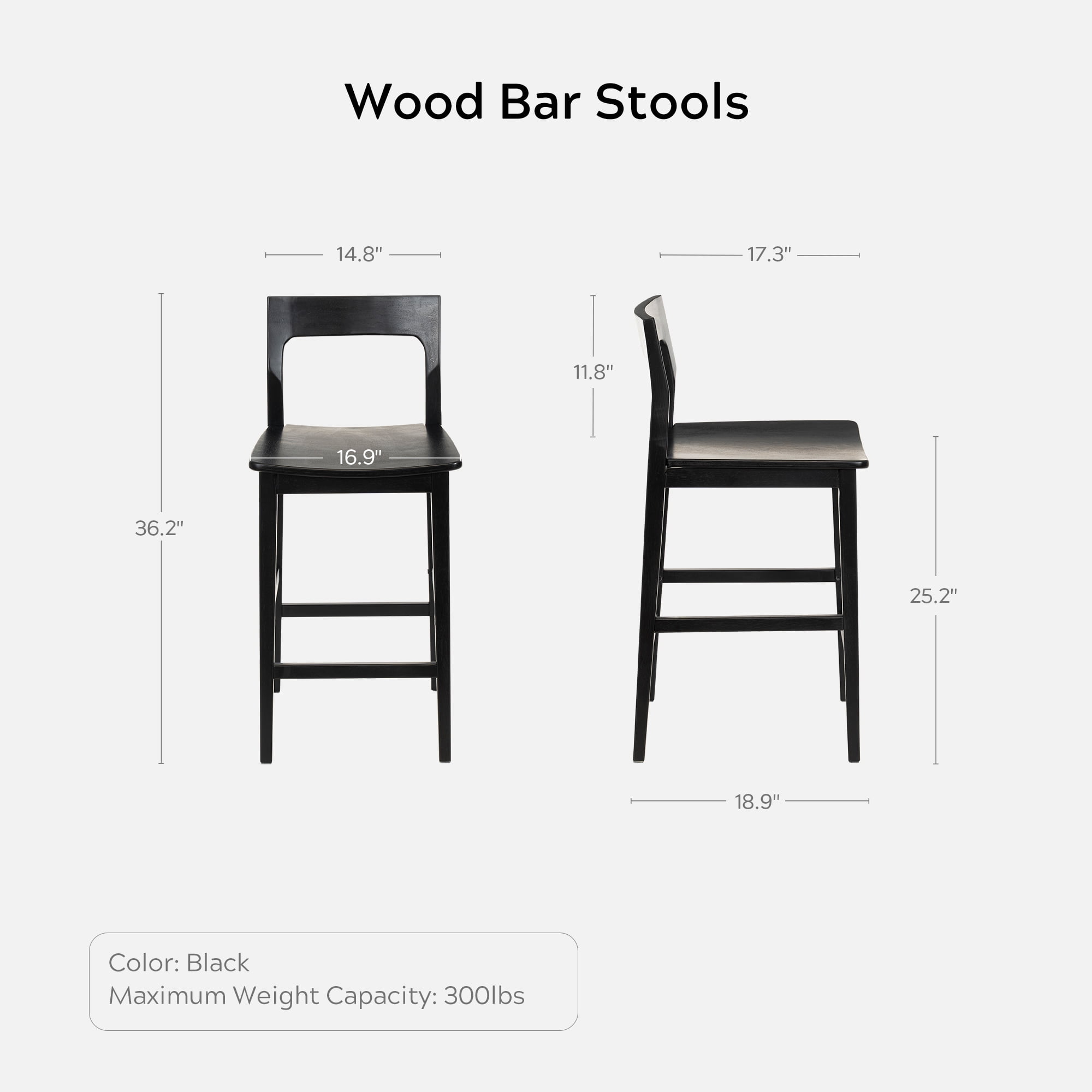 EYYTHUNG Modern Farmhouse Wooden Bar Stools Set of 6, 25-inch Mid Century Solid Wood Counter Height Stools with Back Support Barstools Chairs, Black