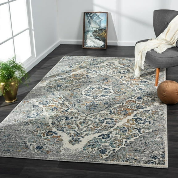 Luxe Weavers Oriental Distressed Floral Steel 8x10 Area Rug, Indoor Carpet