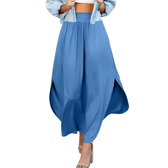 MIXUE Skirts For Women Summer Solid Color Elastic High Waist Dance A Line Split Pocket Maxi Skirt Holiday-Wear,Blue,XXL