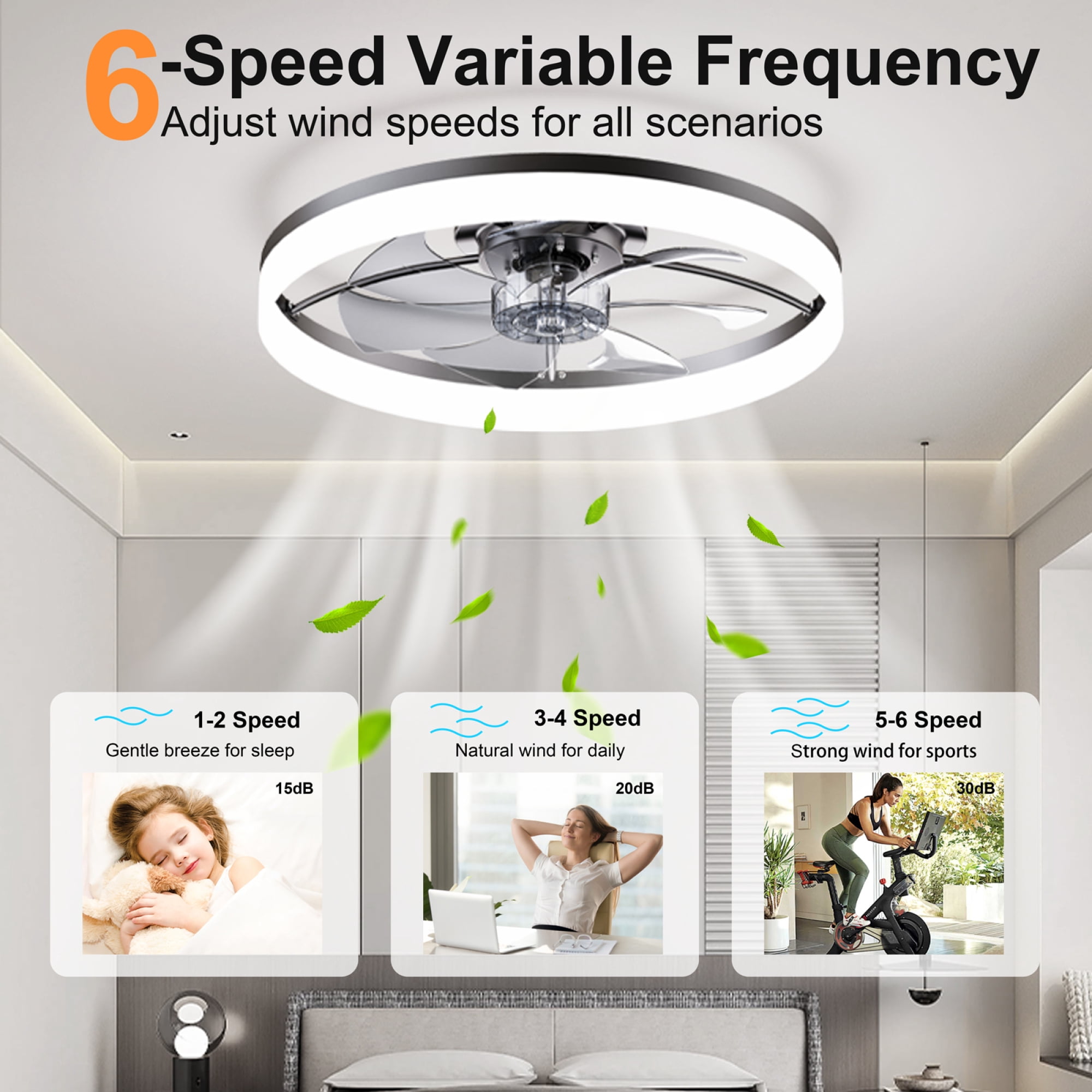 Leumius 23.6" LED Ceiling Fan Light with Remote and App Control, 6 Speeds, Dimmable Brightness, 3000K-6500K Color Temperature, Flush Mount Fandelier for Bedroom Black