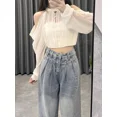 thumbnail image 3 of Pantalones azules de cintura alta para mujer, Vaqueros rectos sueltos lavados con cremallera, Vaqueros largos, ropa de calle elegante de pierna ancha Y2k, 3 of 5