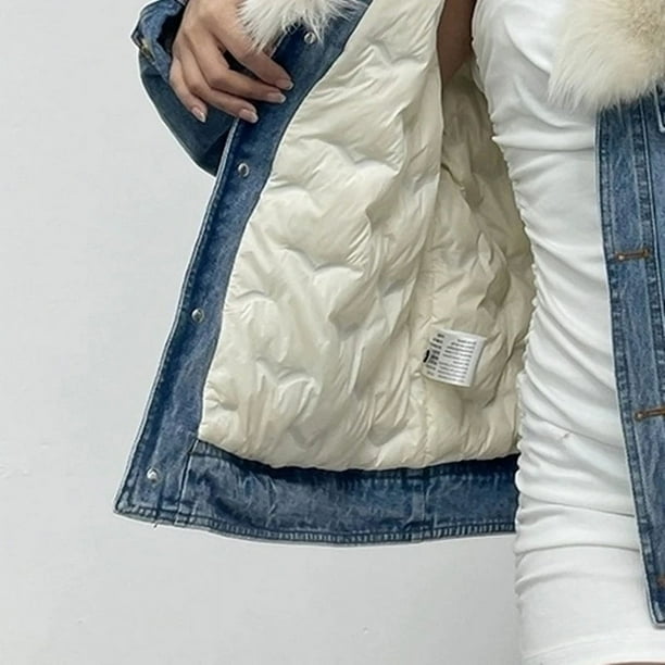 White Duck Down Coat warm Large Fur Collar Denim Jacket for Women Winter Walmart