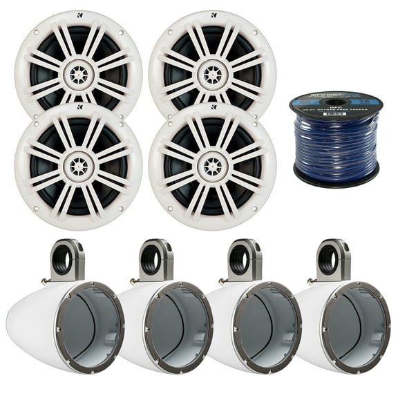 4x Kicker KM60 6.5-Inch Marine White Coaxial Speakers, 4x Kicker Marine KMTESW Tower Enclosure for 6.5-Inch Drivers White, Enrock Audio Marine Grade Spool of 50 Foot 16-Gauge Speaker Wire