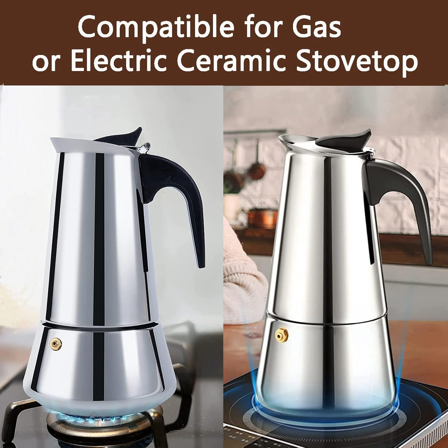 ABCISI Coffee Pot,Stainless Steel Moka Pot Italian Coffee Maker 6 cup/10 OZ Stovetop Espresso Maker for Gas or Electric Ceramic Stovetop Camping Manual Cuban Coffee Percolator for Cappuccino or Latte